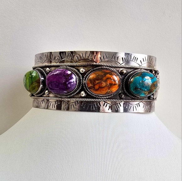 Sterling Silver 925 Multicolor Stone Turquoise Native American Bracelet - Picture 5 of 13